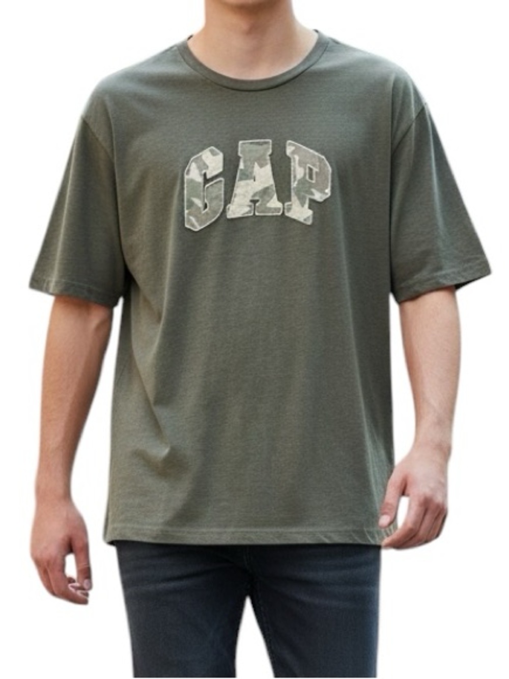 GAP Men’s Retro Olive Green Short Sleeve T-Shirt 3D Stitched Camo Logo Size L